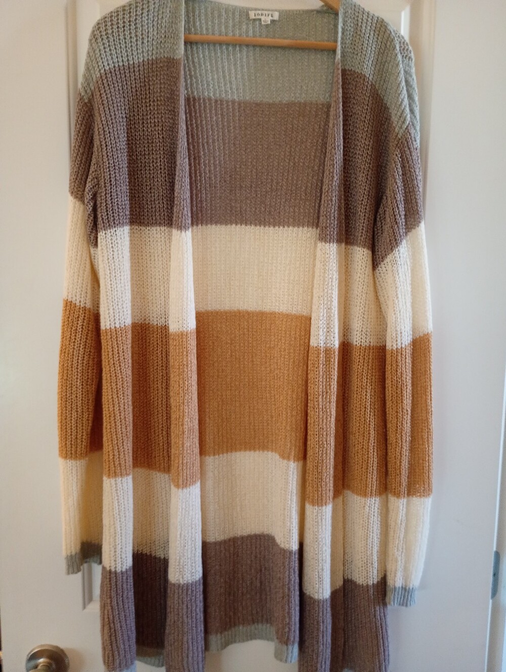 JODIFL | Striped Open-Front Soft Knit Cardigan in Cream, Tan, Brown & Gray | L